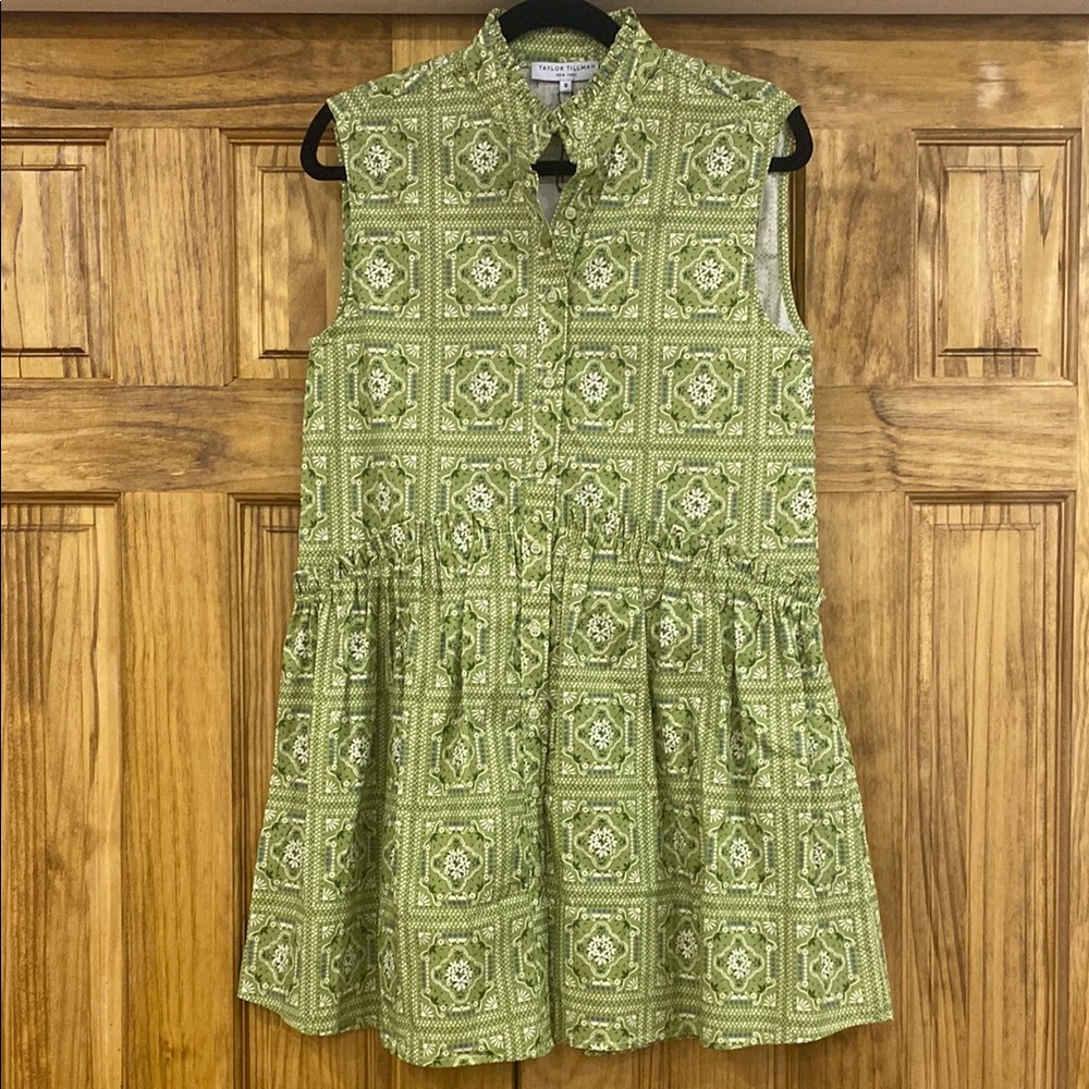 Taylor Tillman Green Geometric Sleeveless Polo Collar Mini Sundress- size small